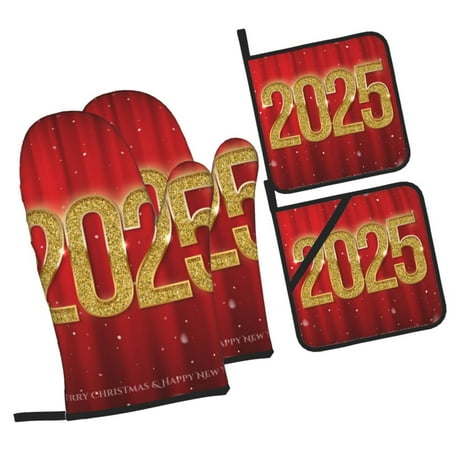 

Haiem Happy New Year 2025 F Print Extra Long Oven Mitts and Pot Holders 4pc Sets: Heat Resistant Silicone Oven Mittens with Mini Oven Gloves and Hot Pads Potholders