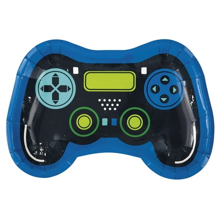 Unique 25217 Controller Shaped Paper Plates-23.5 cm-Gamer Birthday Party-8 Count (Pack of 1), Multicolour