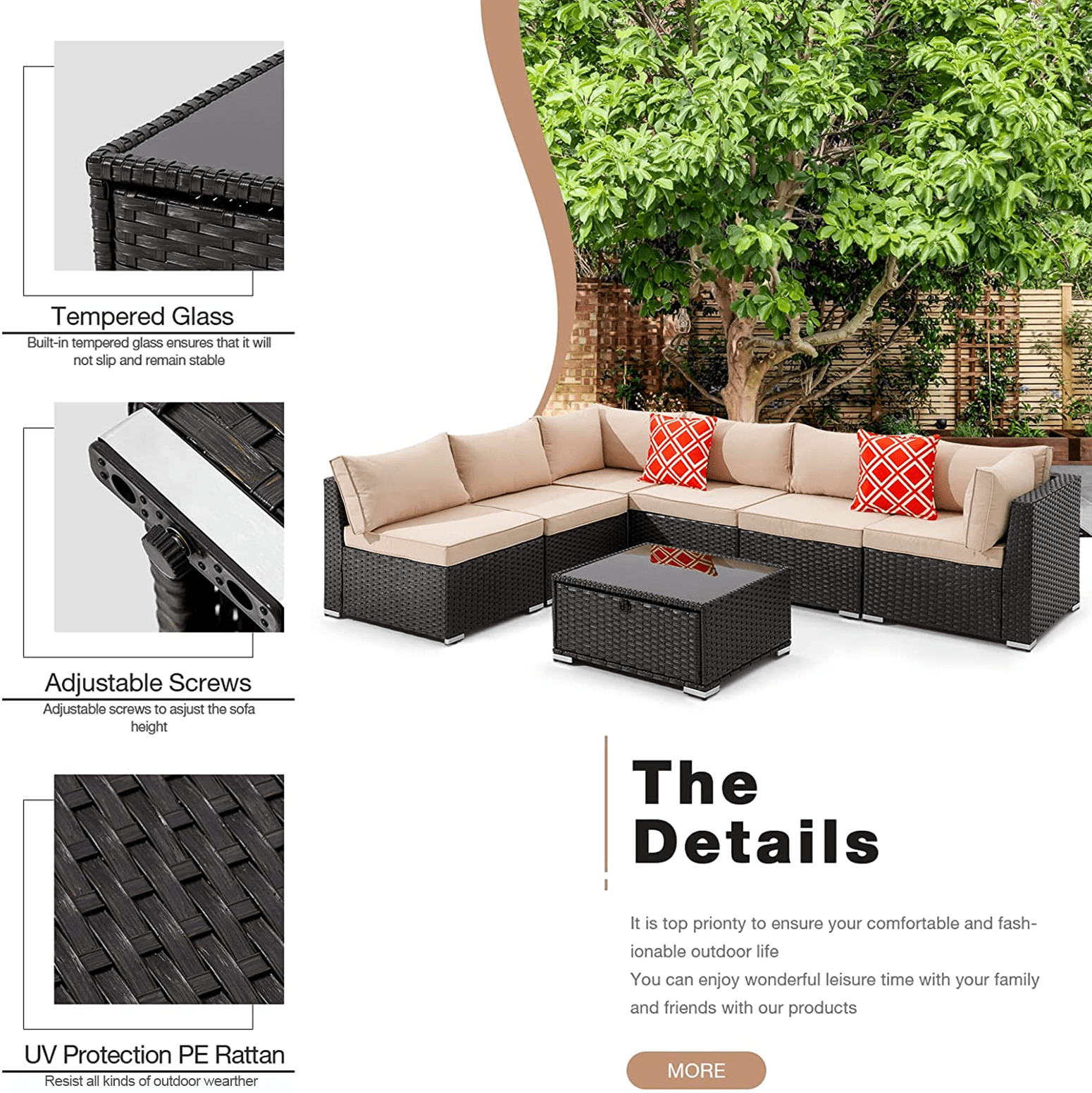 Homrest 7 Pieces Outdoor Sectional Sofa, Wicker Conversation Sets, Steel Frame, Khaki