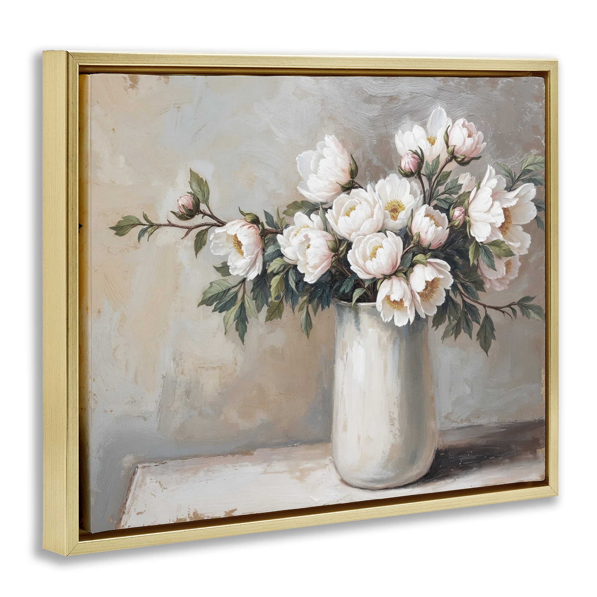 White Flowers in Vase Still Life Gold Framed Floater Canvas Wall Art, design by Lettered and Lined