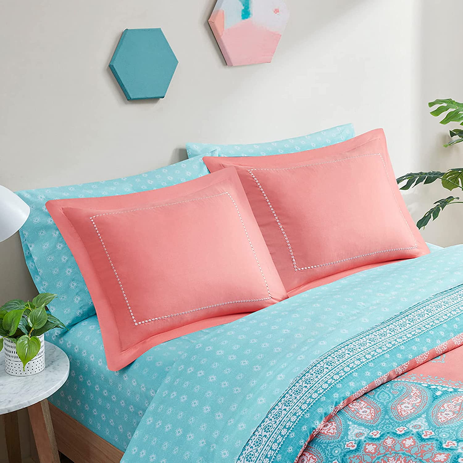 6 Piece Aqua Matching Decorative Pillow Lattice Boho Bed in A Bag Degree of Comfort Twin XL Complete Comforter Sets Microfiber Bedding Set with Side Pockets 