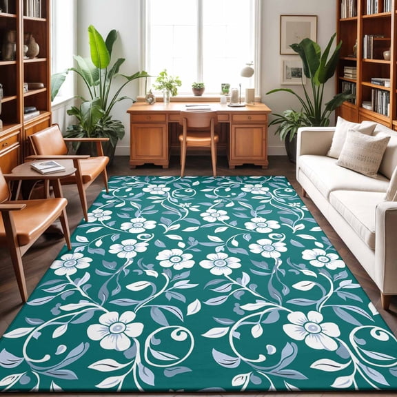 Area Rugs 4'x6'. Green White Floral Carpet Runner Indoor Outdoor Rugs Home Decor Aesthetic, Farmhouse Retro Botanical Leaves Non Slip Mats Washable Accent Rug for Living Room Bedroom