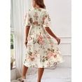 thumbnail image 2 of Floral Print Women's Spring Summer Dress - V-Neck Wrap, Waist-Gathered Midi, Romantic Elegant Vacation Style, 2 of 6