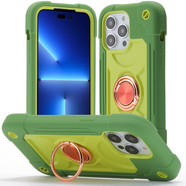 Étui Robuste Multifonction à 3 Couches Compatible avec iPhone 13 Mini 5,4 Pouces, PC Rigide + TPU Souple Antichoc avec Béquille Protection Intégrale avec Anneau de Main Protection Lentille, Bleu