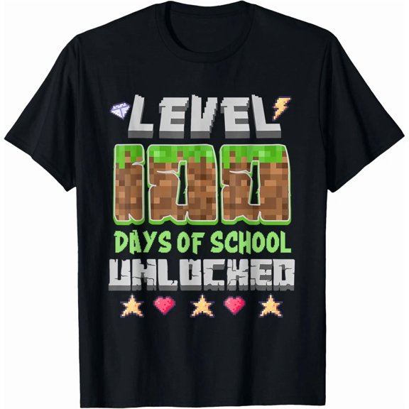 Level 100 Days Of School Unlocked Gaming Pixel Humor Graphic Unisex T-Shirt, up to Size 5XL