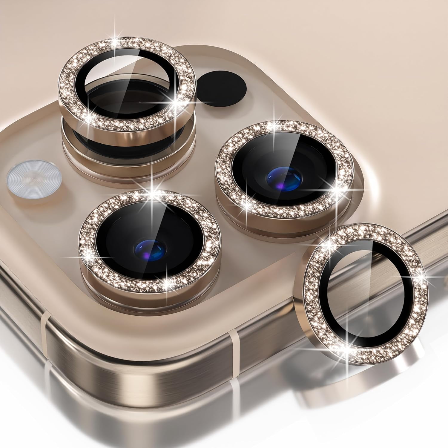 Dteck Bling Glitter Camera Lens Protector for iPhone 16 Pro, 9H Tempered Glass Camera Cover Screen Protector Metal Ring Decoration Accessories,Titanium Gold