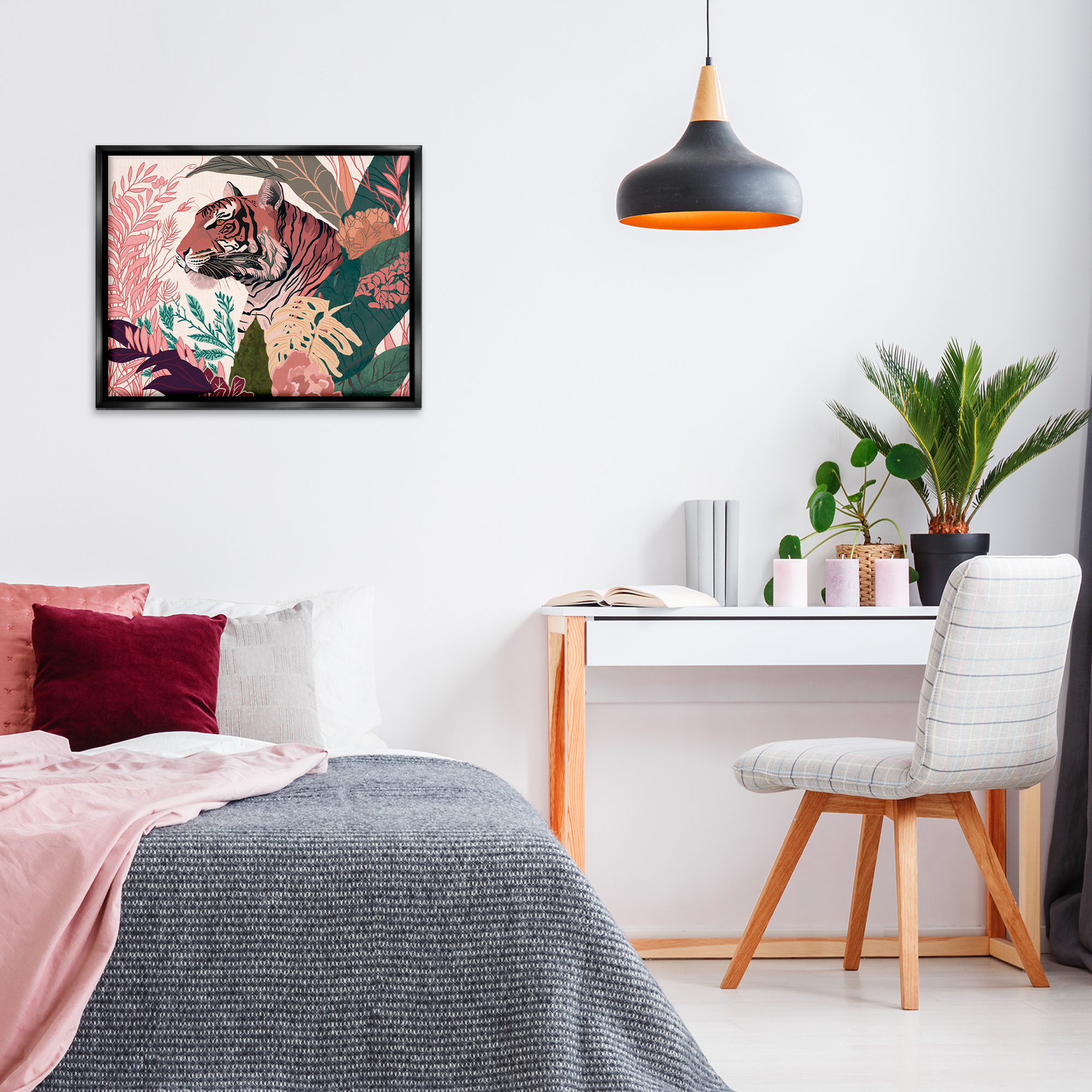 Stupell Industries Tiger Peeking from Leaves Animals & Insects Painting Black Floater Framed Canvas Art Print Wall Art, 31 x 25