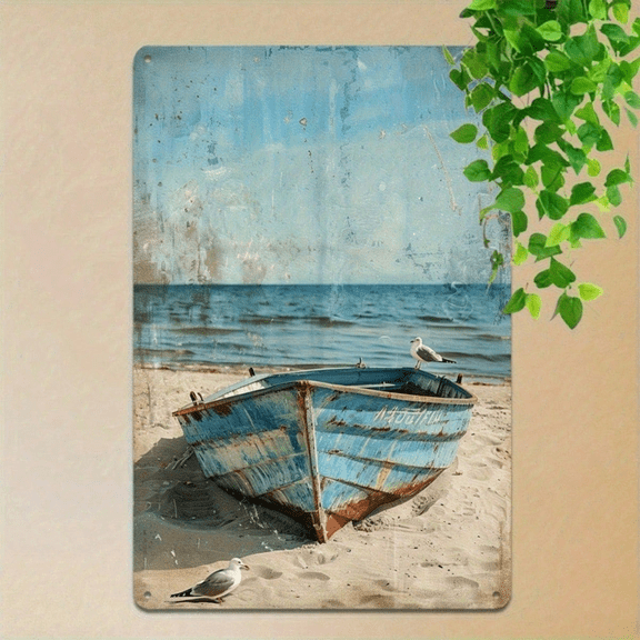 Vintage Blue Boat & Seagulls Metal Wall Art, 12x" 12x8 Inch Rustic Coastal Decor, Waterproof Rustproof Iron Sign, Rustproof Iron Sign, Ocean Beach Scene W