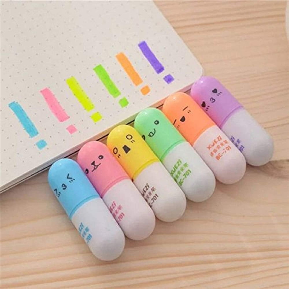 Topwoner 6 Pcs/Set Mini Pill Shaped Highlighter s for Writing Cute Face