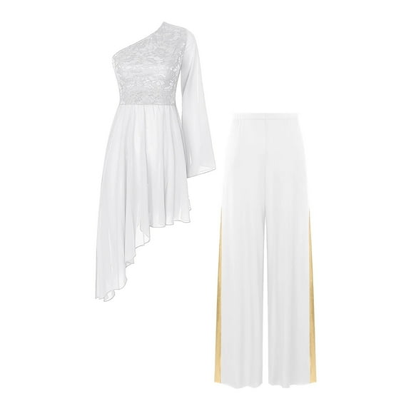 Womens Praise Dance Dress One Shoulder Lace Flared Sleeve Lyrical Church Worship Tunic