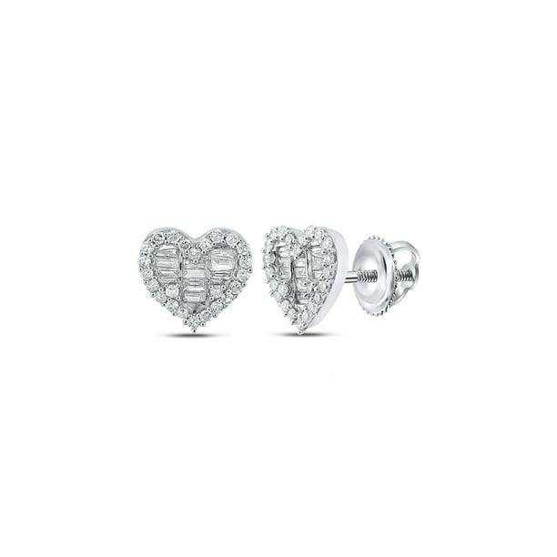 Diamond2Deal 10kt White Gold Womens Baguette Diamond Heart Earrings 3/8 Cttw