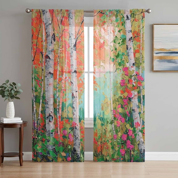 Oil Painting Sheer Curtains 72 Inch Length 2 Panels Set, Modern Abstract Art Summer Tree Leaves Green Pink Voile Window Treatment Curtains Sheers Drapes for Bedroom/Living Room/Kitchen 52"x72"x2