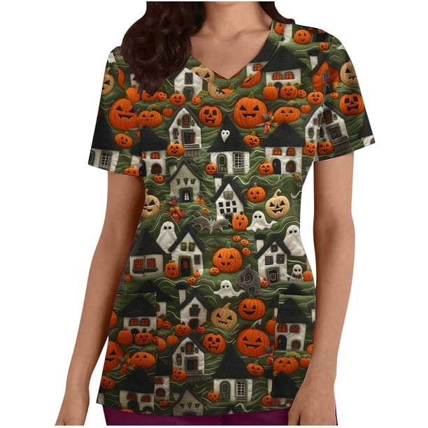 Tops Cortos para las Mujeres, Cuello en V Imprimido Halloween Manga Corta Ropa de Trabajo con Bolsillo, Poliéster Casual