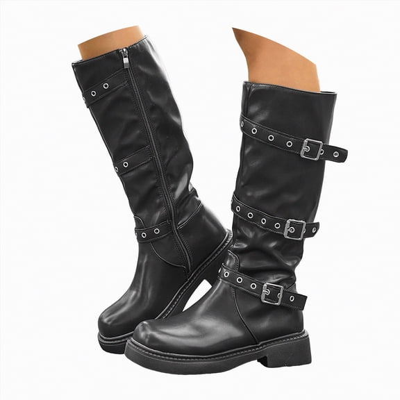 UngA Wonens Boots Fold Over Chunky High Heel Boots With Side Zipper PU Leather Womens Shark Boot Calf High Square Toe Slouchy Mid-Calf Boots for Women Black,Size 8
