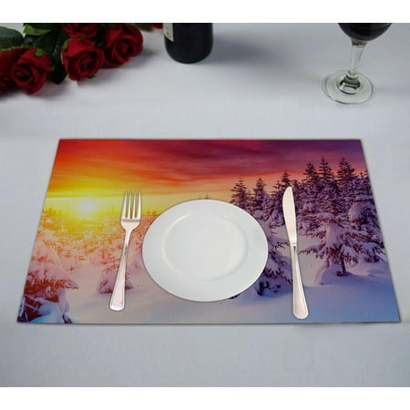 

YKCG Winter Trees Snowflake Scene Fantastic Evening Landscape Glowing by Sunlight Placemats Size 12x18 inches Set of 2