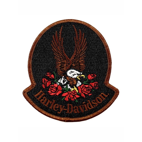 Harley-Davidson 4 in. Embroidered Red Roses & Eagle Emblem Sew-On Patch, Black, Harley Davidson