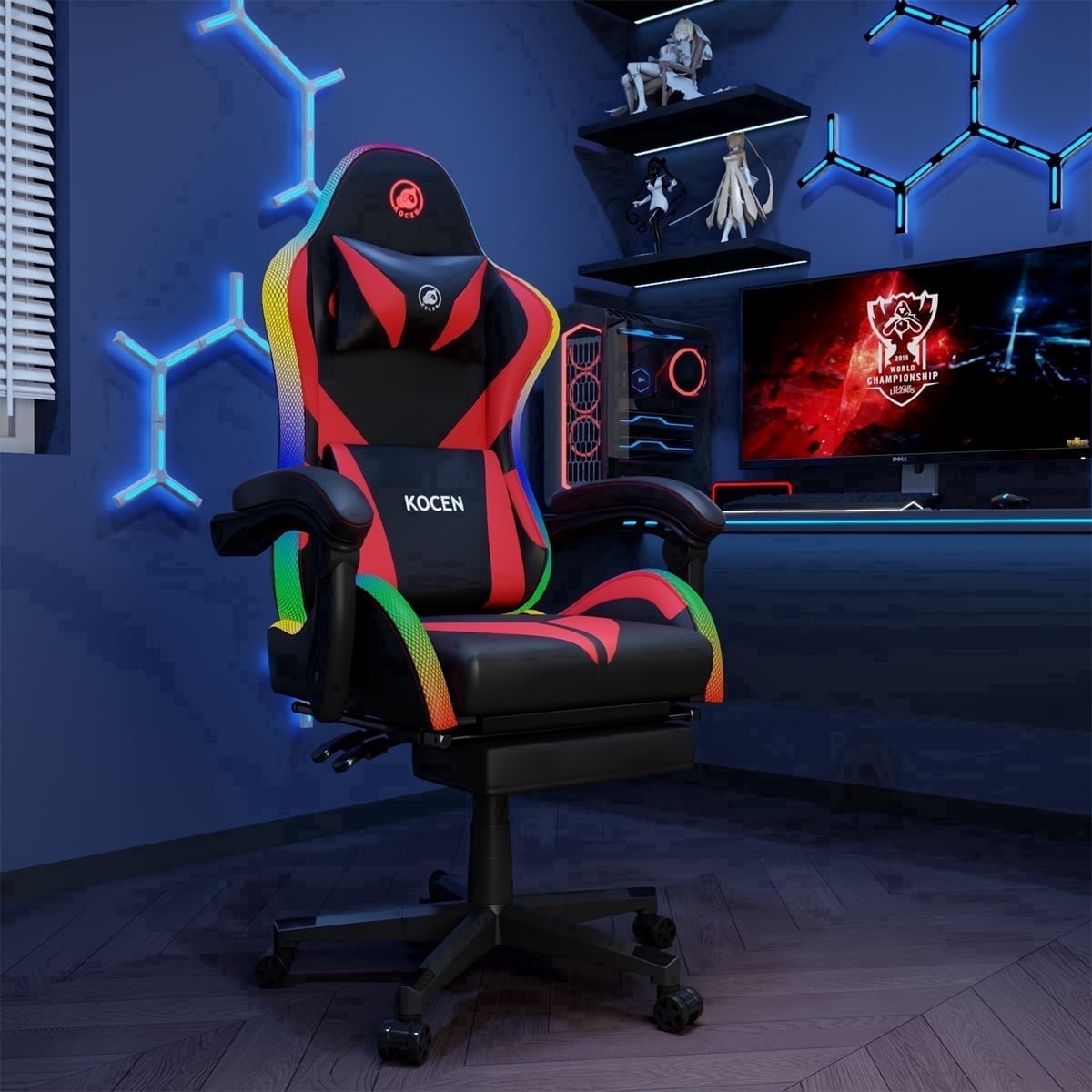 KOCEN Tall and large adult Gaming Chair , Racing Style RGB LED Light Adult Gaming Chairs, Equipped With Lumbar Massager, High Back Adjustable Recliner, With Footrest AndHeadrest.