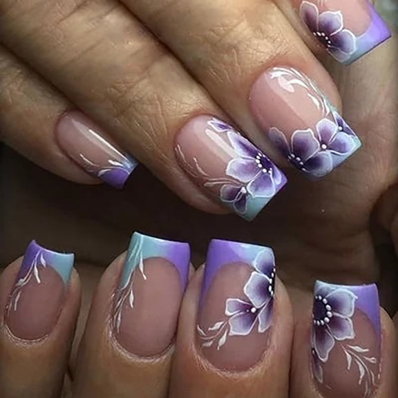 CurvLife Purple Flourish Press-On Nails - 30PCS Medium Square, Floral Design French Style