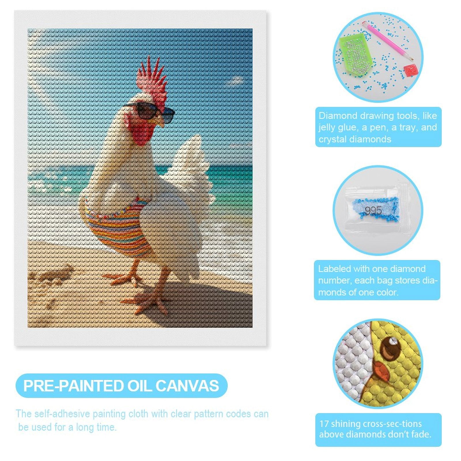 Diamond Art Kits for Adults, Beach Chicken Sunglasses Summer Fun 5D Diamond Painting Kits for Adults Beginners, DIY Full Drill Diamond Painting, Gem Art and Crafts 12x16
