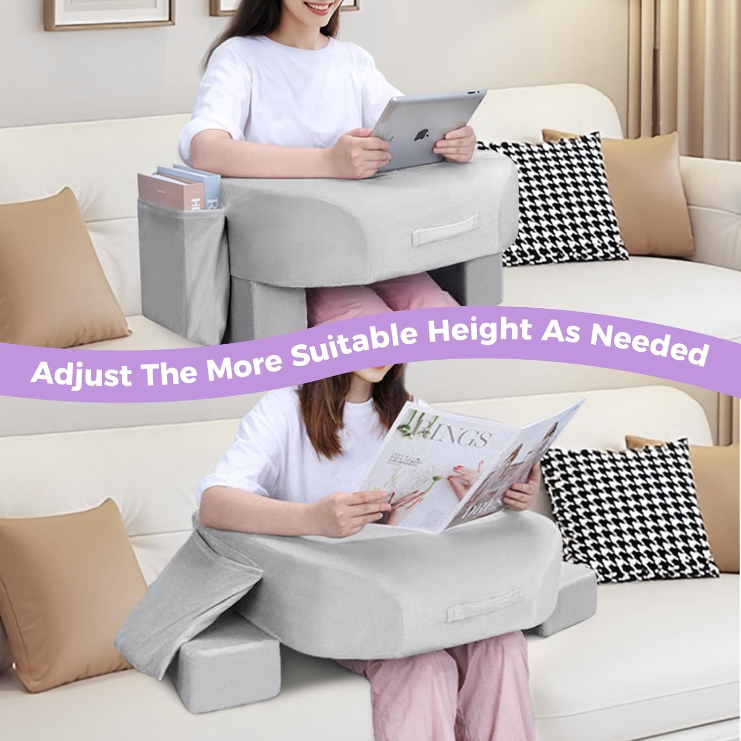 Reading Pillow for Lap, Armrest Gaming Pillow for Working, Hight Adjustable Lap Desk Pillow for Adult Sitting in Bed Sofa Floor (Light Grey)