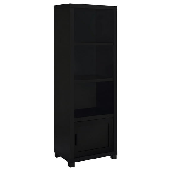 Janice Media Tower Bookcase, 3 Shelves, 1 Storage Cabinet, Black Finish