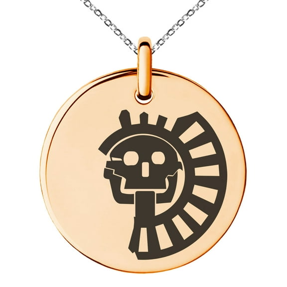 Stainless Steel Aztec Chief Tribe Rune Engraved Small Medallion Circle Charm Pendant Necklace