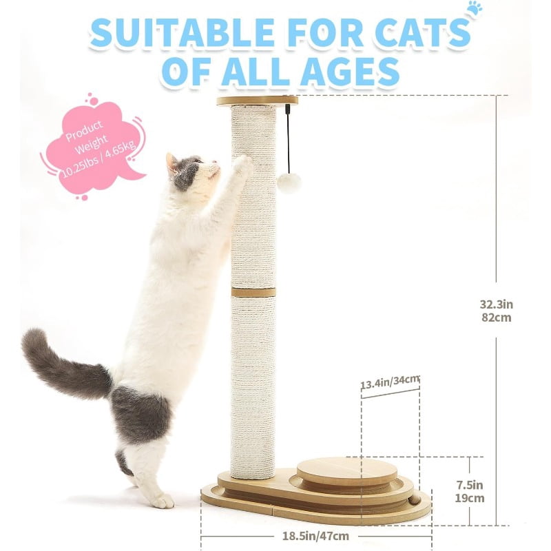 Made4Pets 32" Tall Cat Scratching Post with Sisal Scratcher, 2-Tier Ball Track & Hanging Toys, Multi-Level Cat Activity Center with Sturdy Wooden Base for Indoor Cats & Kittens