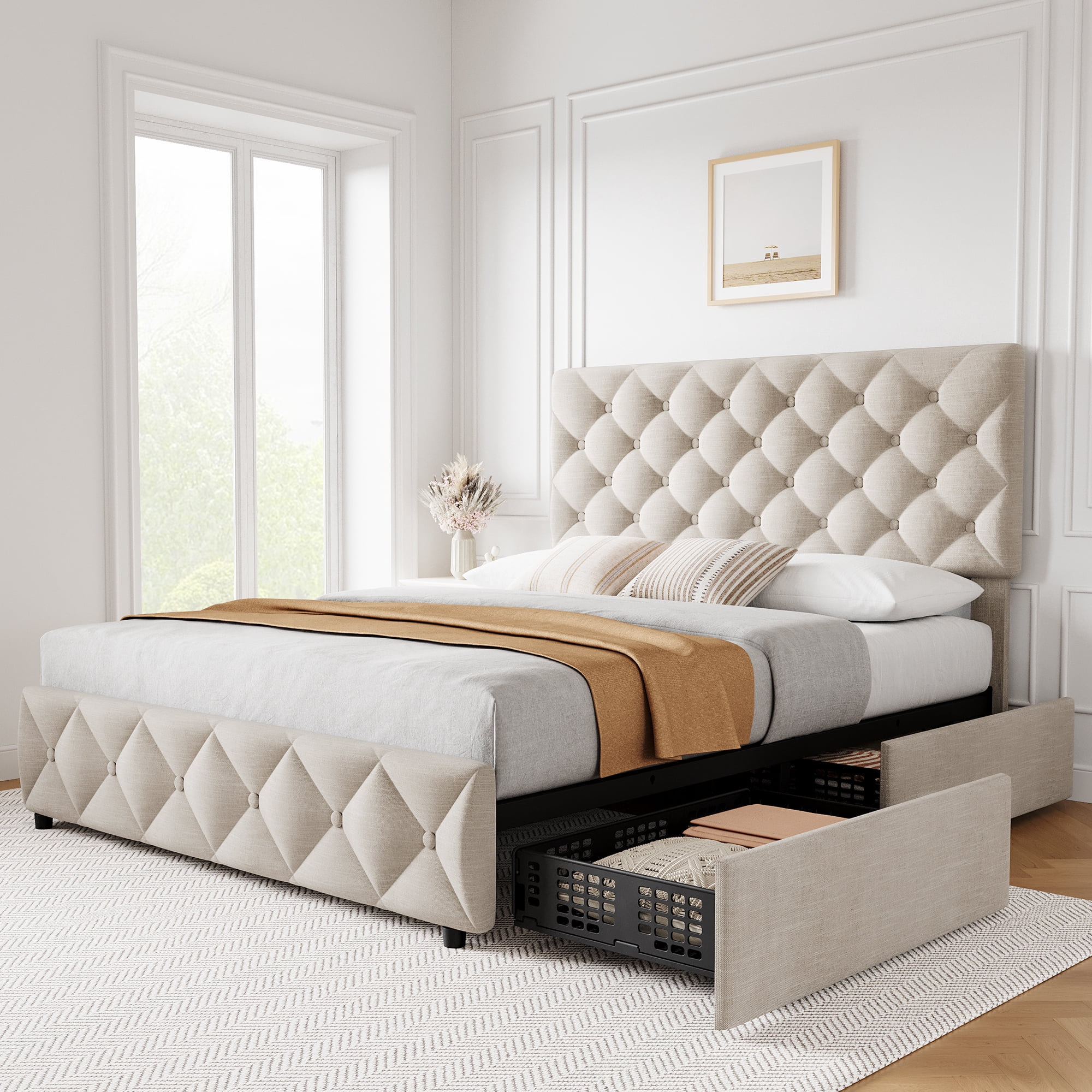 Queen Bed Frame with Headboard Adjustable, Linen Upholstered Size Platform Bed Frame with 4 Drawers, Modern Queen Bedframe, Wooden Slats Supports, No Box Spring Needed, Diamond Stitched Button, Beige