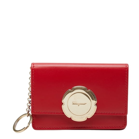 Pre-Owned Salvatore Ferragamo Flower Motif Bi-fold Wallet, Red Leather, Women's