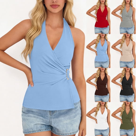 Halter Wrap Tops for Women 2026 Xuniizn Open Back V Neck Ruched Tank Tops Trendy Backless Sleeveless Blouses