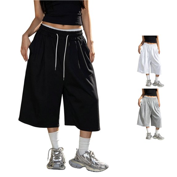 CUZIBR Women'S Capri SweatPants With Pocket Wide Leg Baggy Joggers Drawstring Workout Straight Leg Trendy Pants Casual Daily Soft Dates Trousers,Black,L