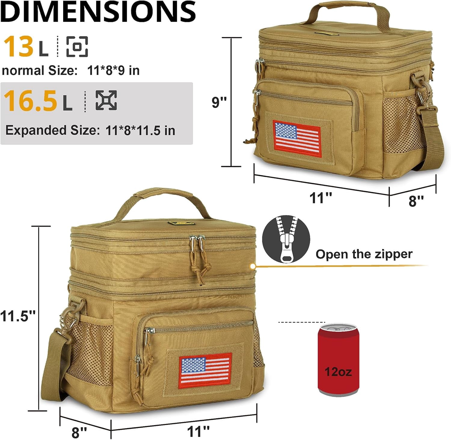 TRIPGEAR Double Deck Lunch Box for Men, Lunch Cooler Bag Work with Shoulder Strap Webbing Large Capacity Leakproof Insulated(19.5 Brown)