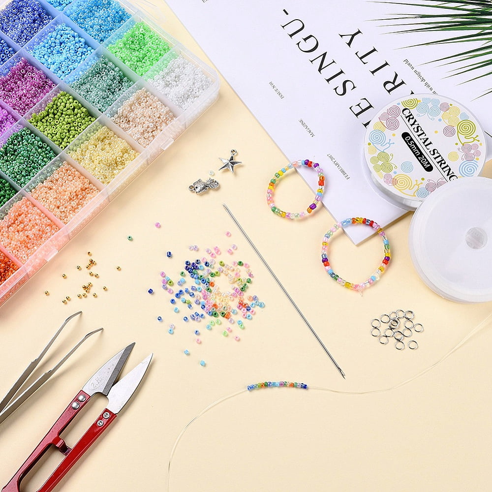 1Set DIY Stretch Jewelry Making Kits Including Glass Seed Beads Metal Findings Stainless Steel Scissors Elastic Crystal Thread Steel Beading Needles 2mm Hole: 1mm about 800pcs/12g