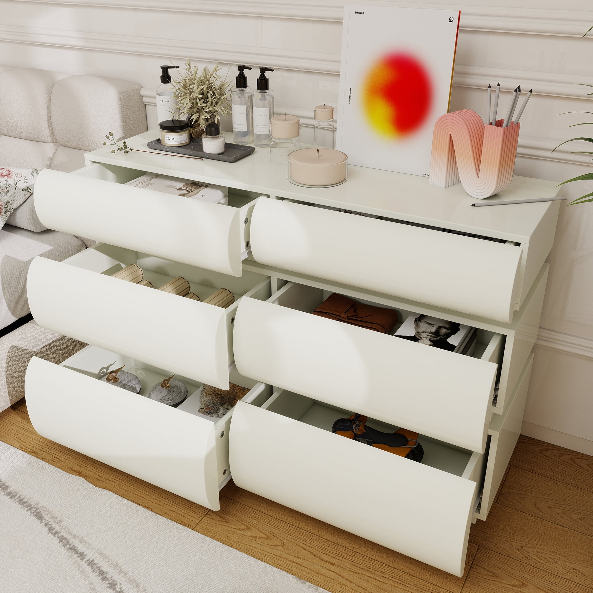 HIUU Modern dressers & chests of drawers with 6 Drawers, Dresser Cabinet Clothes Storage for Bedroom, Wooden Dressers Drawers with Spacious Tabletop（White）