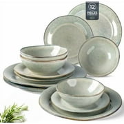 Ceramic Dinnerware Sets, Handmade Stoneware Reactive Glaze Plates and Bowls Set, Scratch Resistant | Dishwasher & Microwave Safe Dishes Set, Service for 4 (12pc)