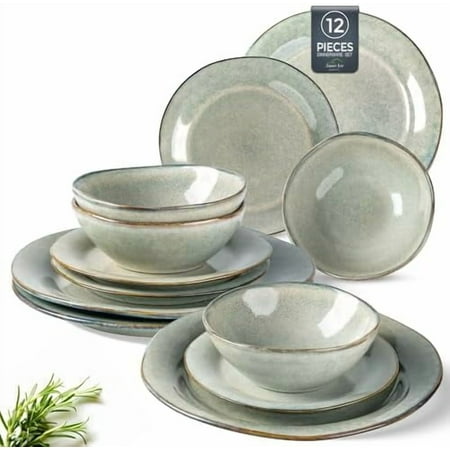 Ceramic Dinnerware Sets, Handmade Stoneware Reactive Glaze Plates and Bowls Set, Scratch Resistant | Dishwasher & Microwave Safe Dishes Set, Service for 4 (12pc)
