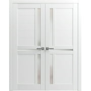 Solid French Double Doors 48 x 80 inches | Veregio 7288 White Silk with Frosted Glass | Wood Solid Panel Frame Trims | Closet Bedroom Sturdy Doors