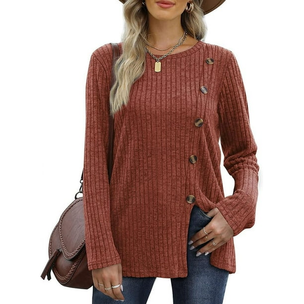 Tops de manga larga para mujer, jerséis ligeros para mujer, túnica con abertura frontal y botones