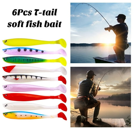 Sportteer T-tail Soft Bait Colorful Soft Bait for Fishing 6Pcs Fishing Lure Soft Baits Set Simulation T-Tail Swimbait Professional Bionic Bait Reusable Freshwater Saltwater Artificial