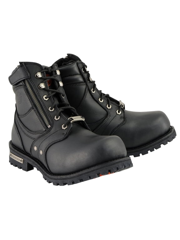 Men's Black Leather 6-inch Lace-Up Motorcycle Biker Rider Boots w/ Zipper Closure MBM9050 9.5