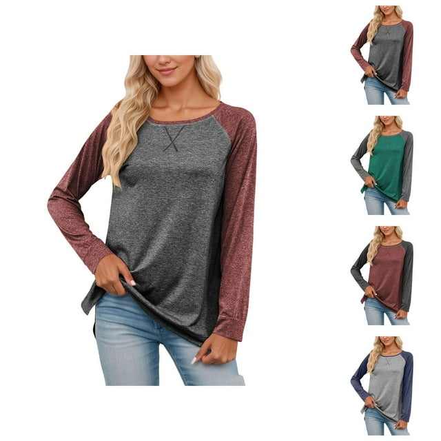 Womens Long Sleeve Shirts 2026 Spring Trendy Crewneck Raglan Sleeve Relaxed Fit Color Block Casual T Shirts