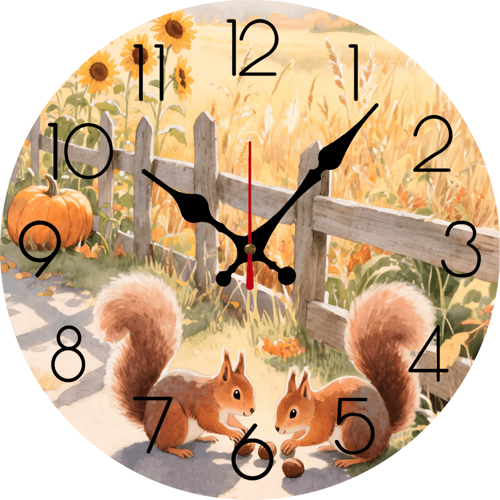 Eveokoki Farmhouse Wall Clock 12 Inch Silent Non-Ticking Battery Operated Clock Squirrels Gathering Nuts Autumn Field Wooden Decorative Clocks for Kitchen Bedroom Office