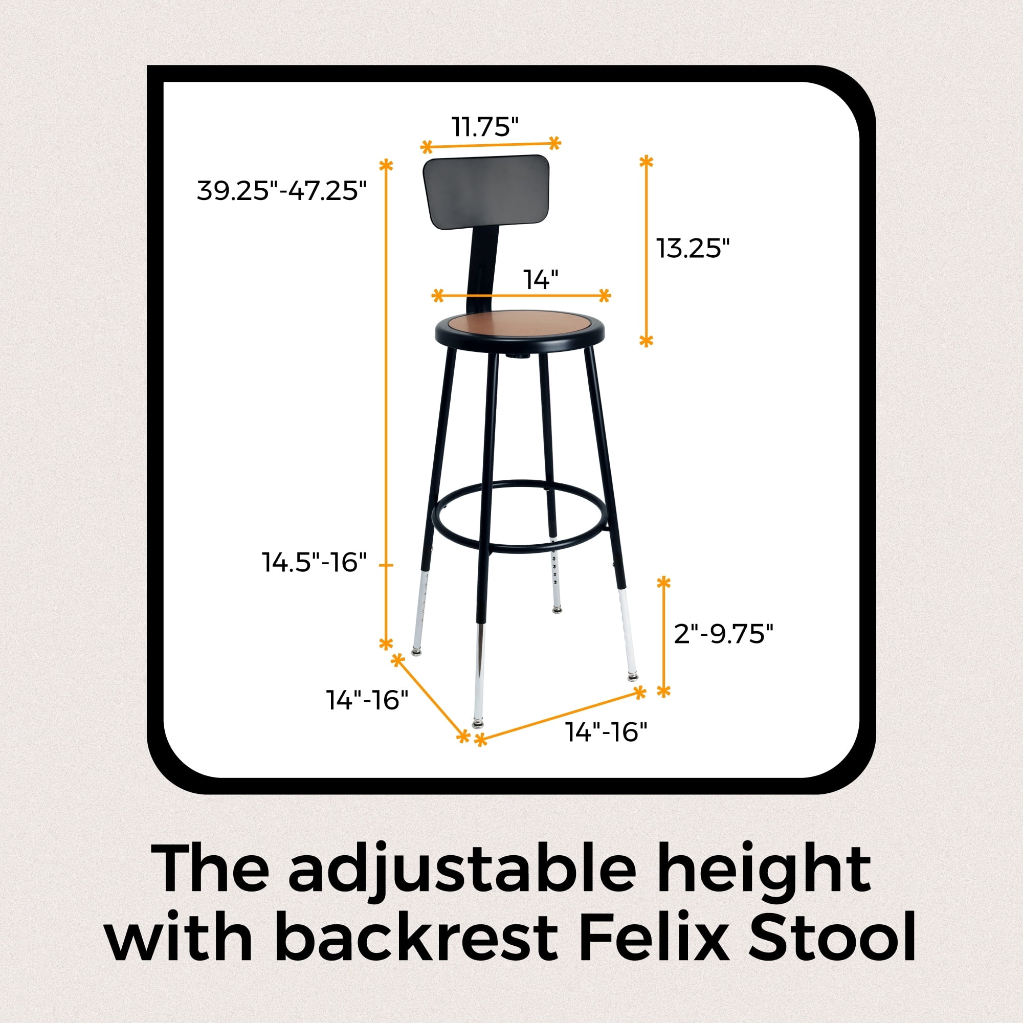 Hampden Furnishings Felix Collection Height Adjustable 25-33 Inch Steel Stool with Backrest, Black, AssemblyReady