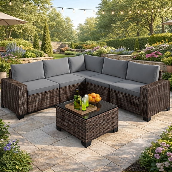 6-Piece Outdoor Patio Sectional Sofa Set with Coffee Table - All-Weather PE Wicker Rattan Conversation Set with Thickened Cushions for Garden, Backyard, Gray