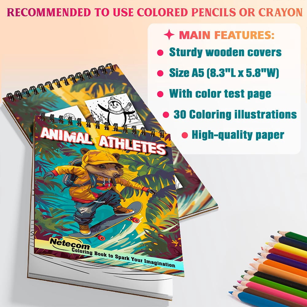 Netecom Animal Athletes Coloring Book for Adults, A5 Wooden Cover, 30 Dynamic Coloring Pages of Sports-Playing Animals for Stress Relief and Relaxation, Spiral Bound Edition