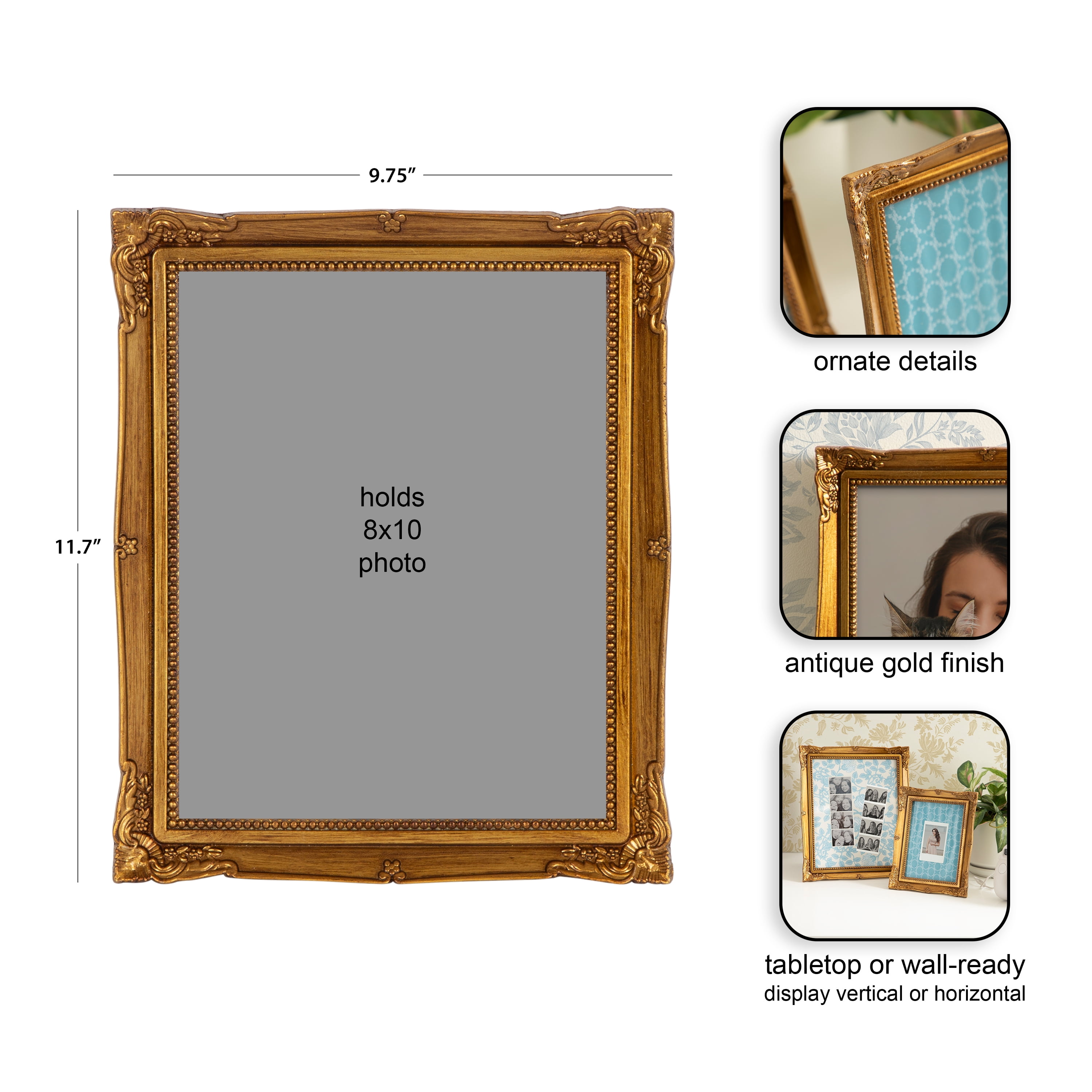 DesignOvation – 8x10 Picture Frame – Baroque Antique Gold Tabletop Photo Frame