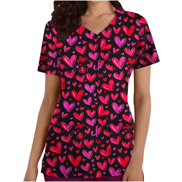 TaTaai Valentine Day Print Women Scrub Top Pure Cotton Loose Fit Short Sleeve V Neck Patch Pocket Soft Stretch Medical Work Casual Wear Gift
