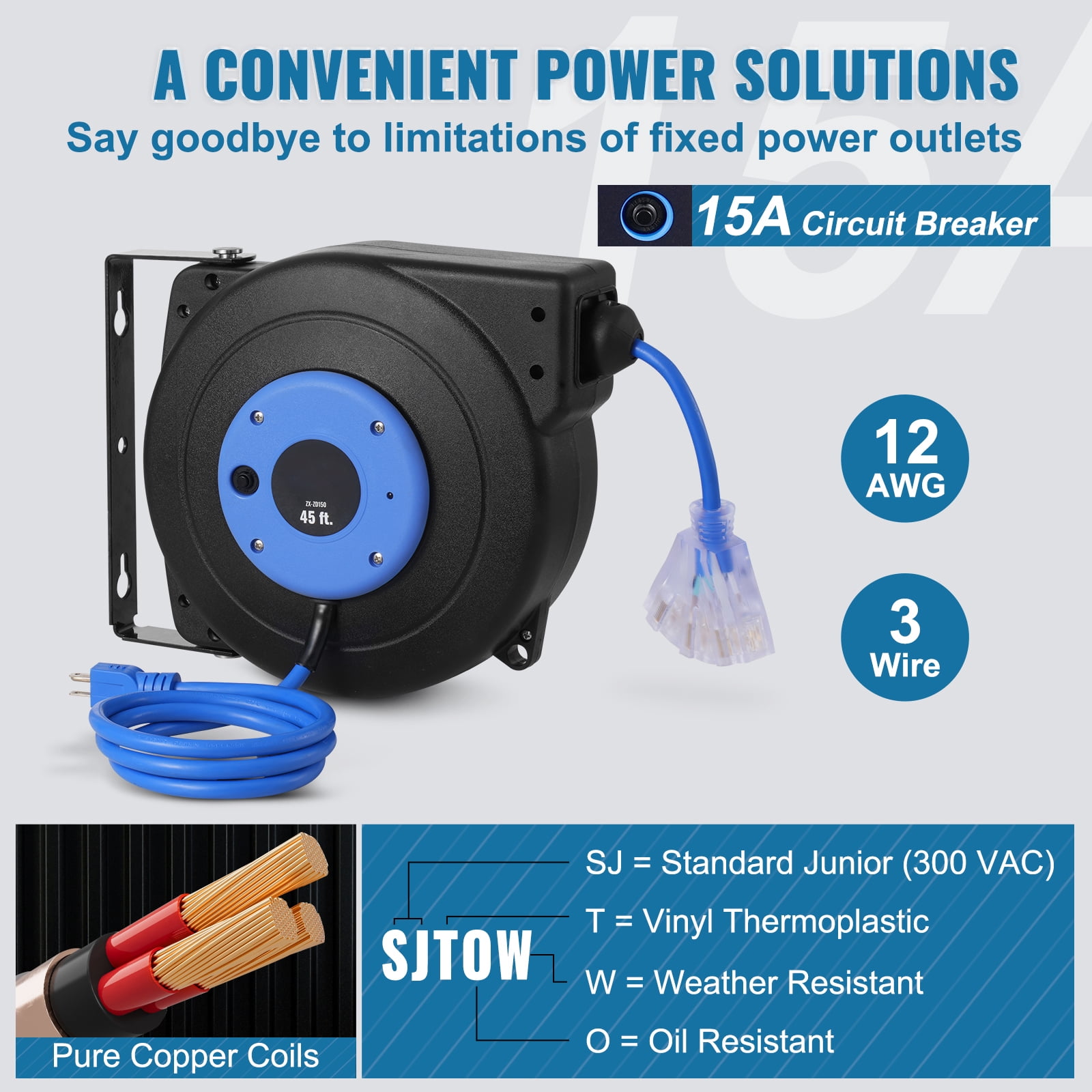 45 Ft Heavy Duty Retractable Extension Cord Reel - 12 AWG, 15A Breaker, 3 Outlets, Wall Mount