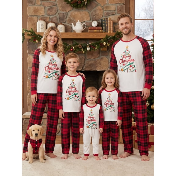 Christmas Family Pajamas Matching Set Letters T-shirt with Plaid Pants