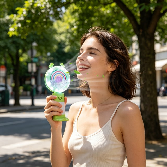 Mini ventilador portátil recargable USB para viajes al aire libre – Funcionamiento silencioso, 3 velocidades, iluminación LED